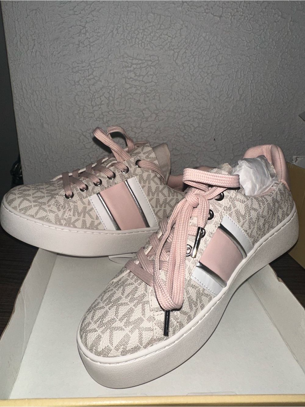Michael Kors Pink & Beige MK Monogram Platform Sneakers Poppy Stripe Lace up